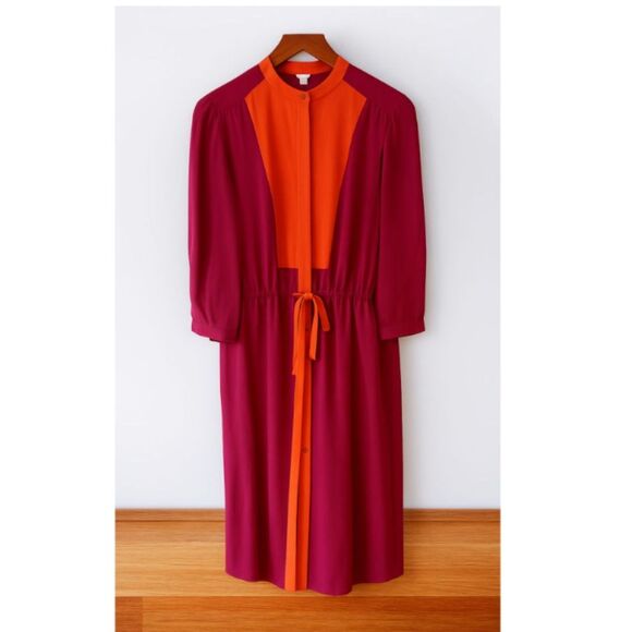 Fossil Rebecca Silk Shirtdress M Maroon Burgundy Colorblock Tie Waist - Picture 2 of 11